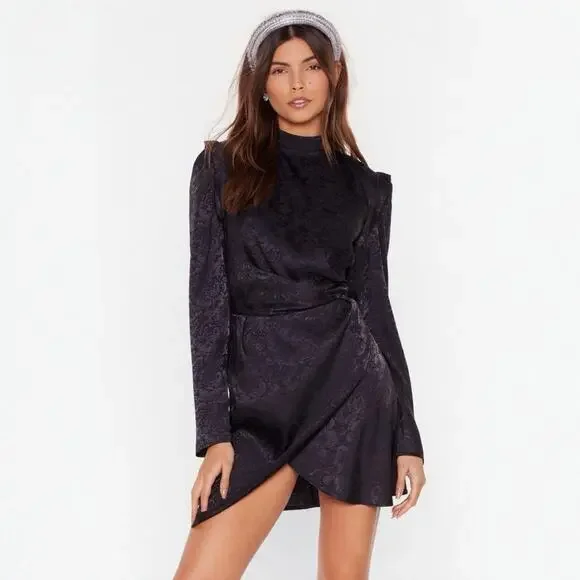 Nasty Gal Dress Grow The Extra Mile Black Satin Jacquard Mini Party Women's 6 - Picture 2 of 10